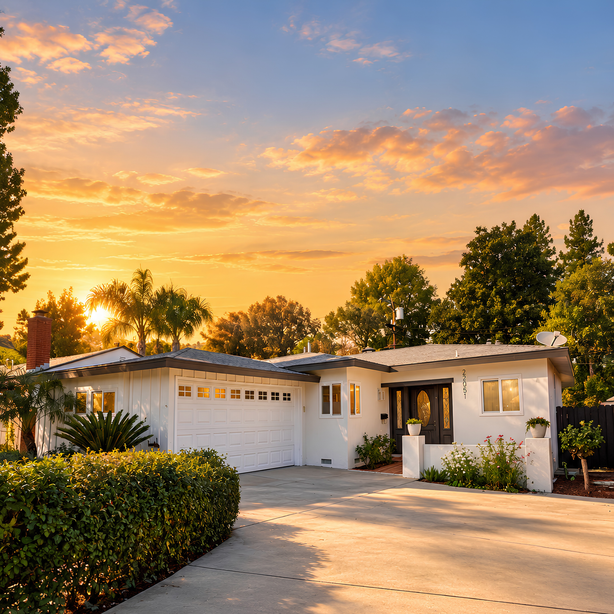 Front exterior of 22051 San Miguel Street in warm golden-hour light.