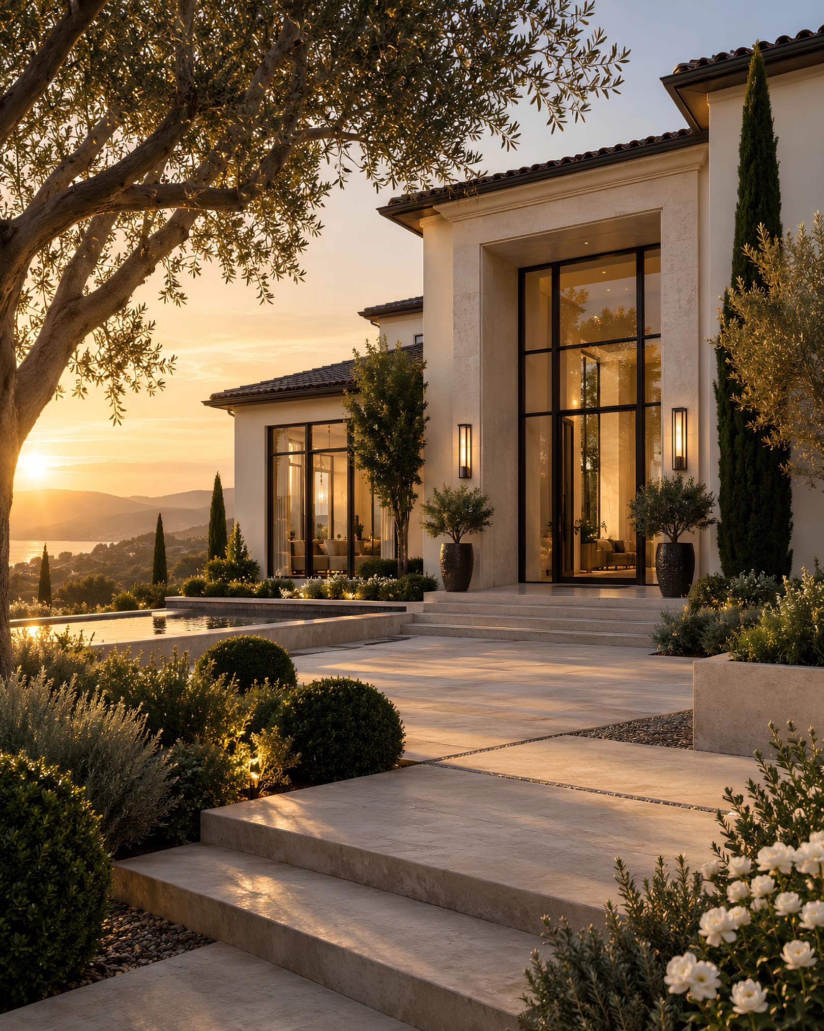 Editorial illustration of a Mediterranean-style California home exterior at golden hour; not an actual Shirin Ataie listing