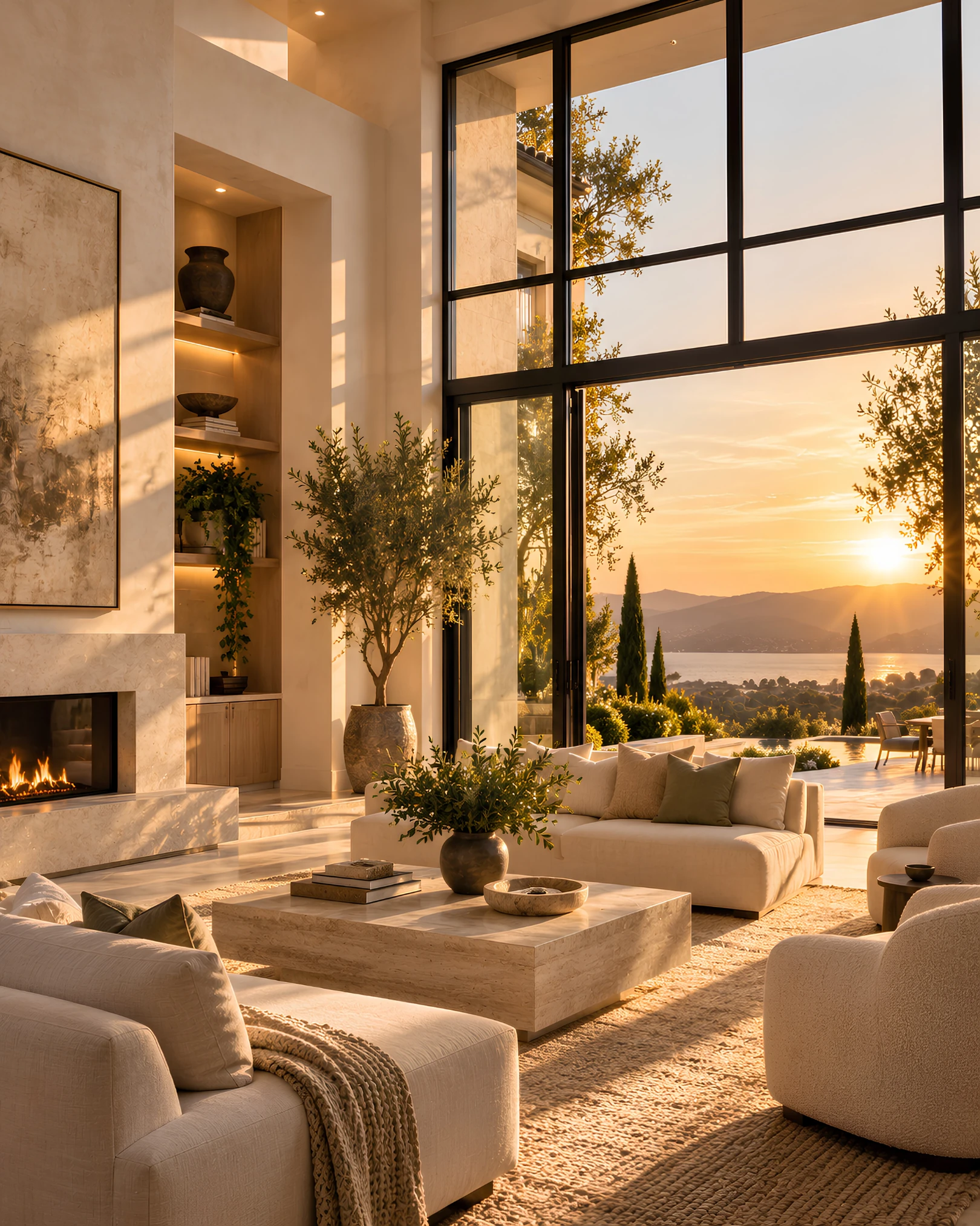 Editorial illustration of a sunlit luxury living room with garden and hillside views; not an actual Shirin Ataie listing