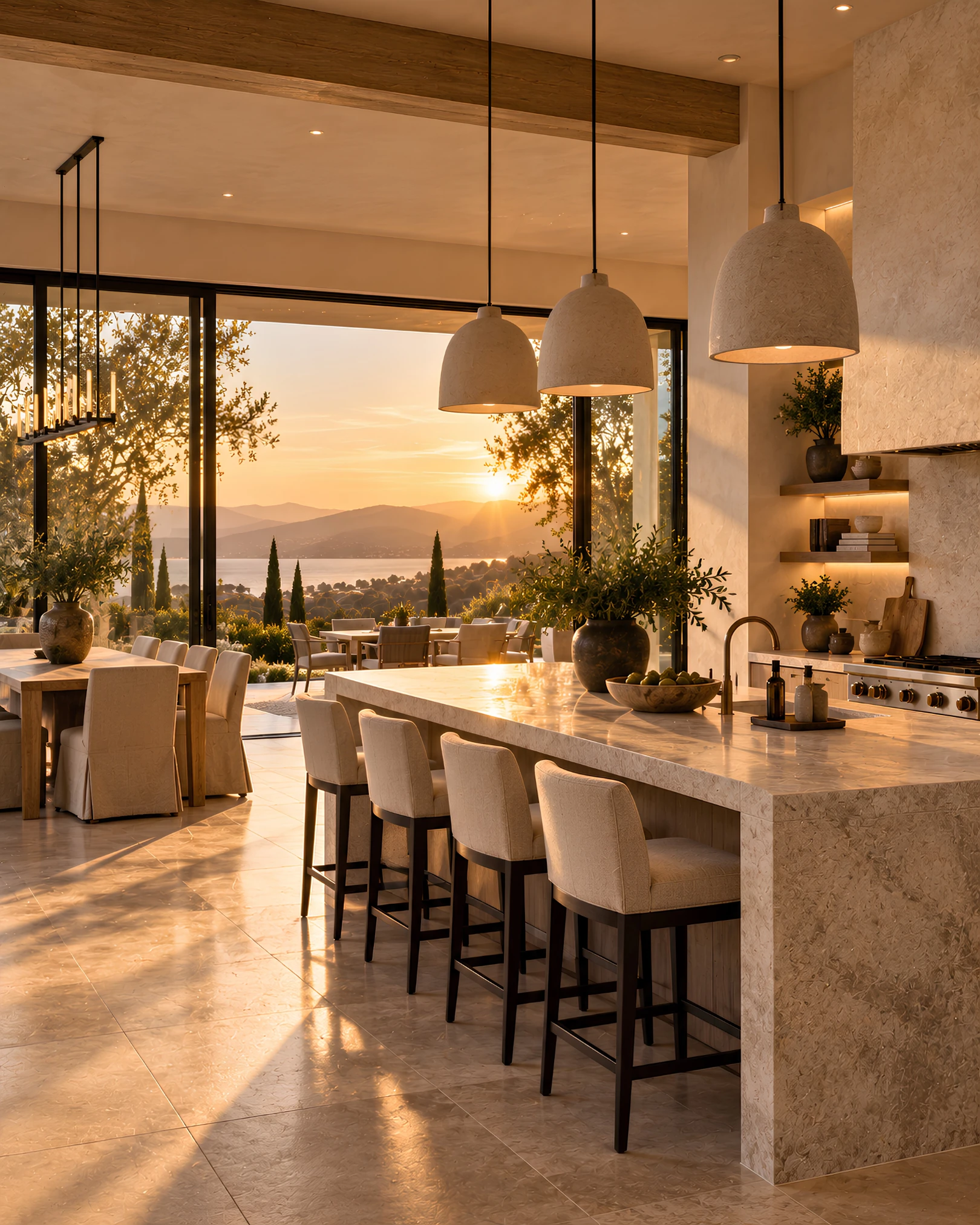 Editorial illustration of a bright high-end kitchen and dining space in warm evening sunlight; not an actual Shirin Ataie listing